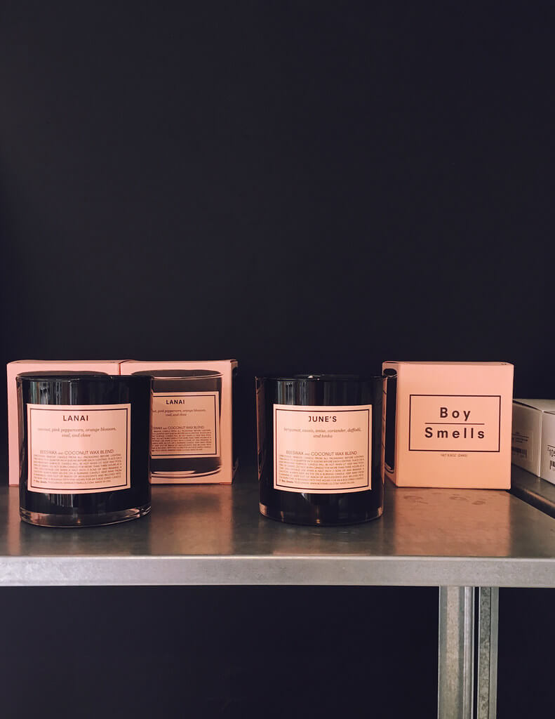 Black and pink candles by Boy Smells, inside Osmology candle shop in Bristol