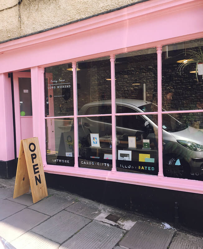 Cute pink shop exterior, Pirrip Press, Colston Street