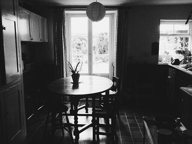 Black and white photo of my grandparents kitchen