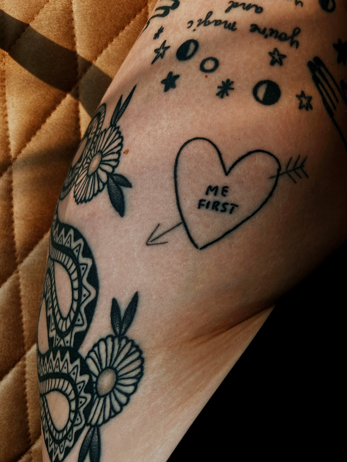 Lyzi Unwin "me first" heart tattoo by Dirt Nap