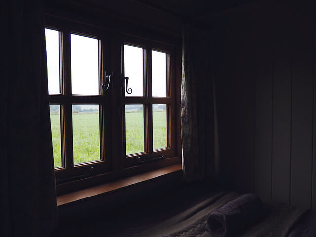 Inside a shepherds hut in Dorset, a Plankbridge shepherds hut at colber farm