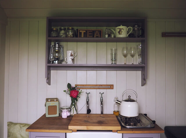 Shelving in a shepherds hut in Dorset, a Plankbridge shepherds hut at colber farm