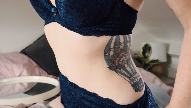 Lyzi Unwin tattoos and navy blue lingerie