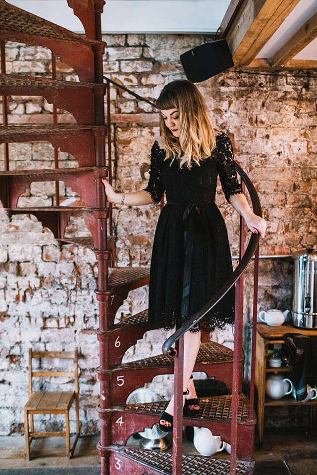 Lyzi Unwin wears black lace Joanie dress at The Forge, Bristol