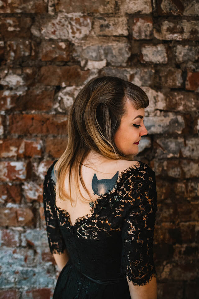 Lyzi Unwin wears black lace Joanie dress at The Forge, Bristol