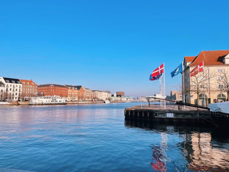 Copenhagen water and buildings with blue sky